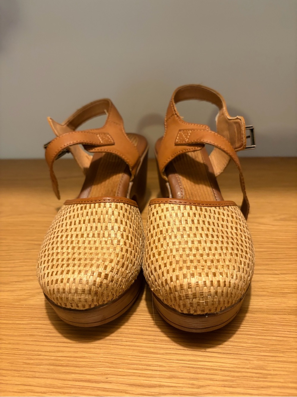 b.o.c. Woven Tan Platform Clogs with Ankle Strap